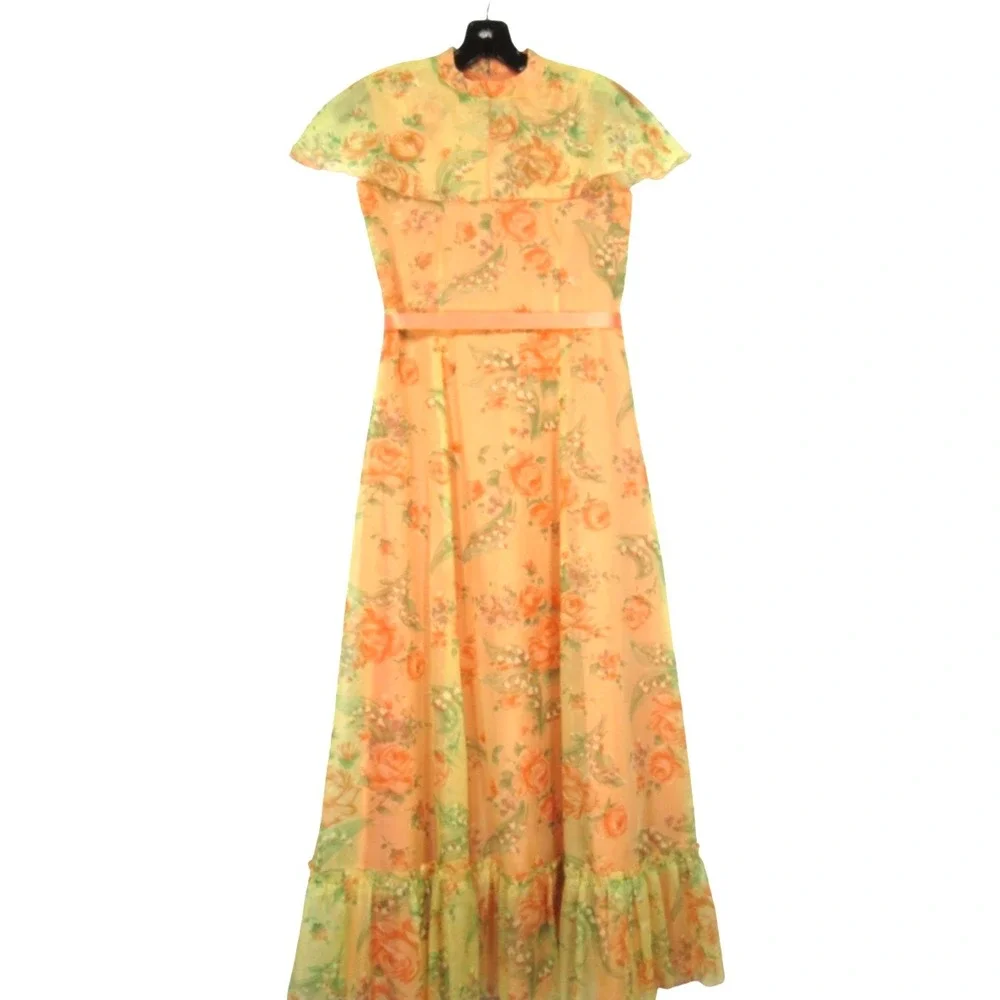 VTG Lined CHIFFON Orange/Yellow FLORAL Party CAPELET DRESS Bust-31
